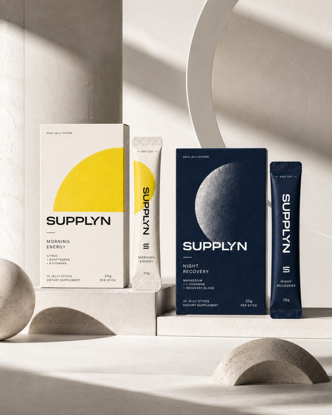 Supplyn Daily Jelly System — Morning Energy and Night Recovery boxes and sticks