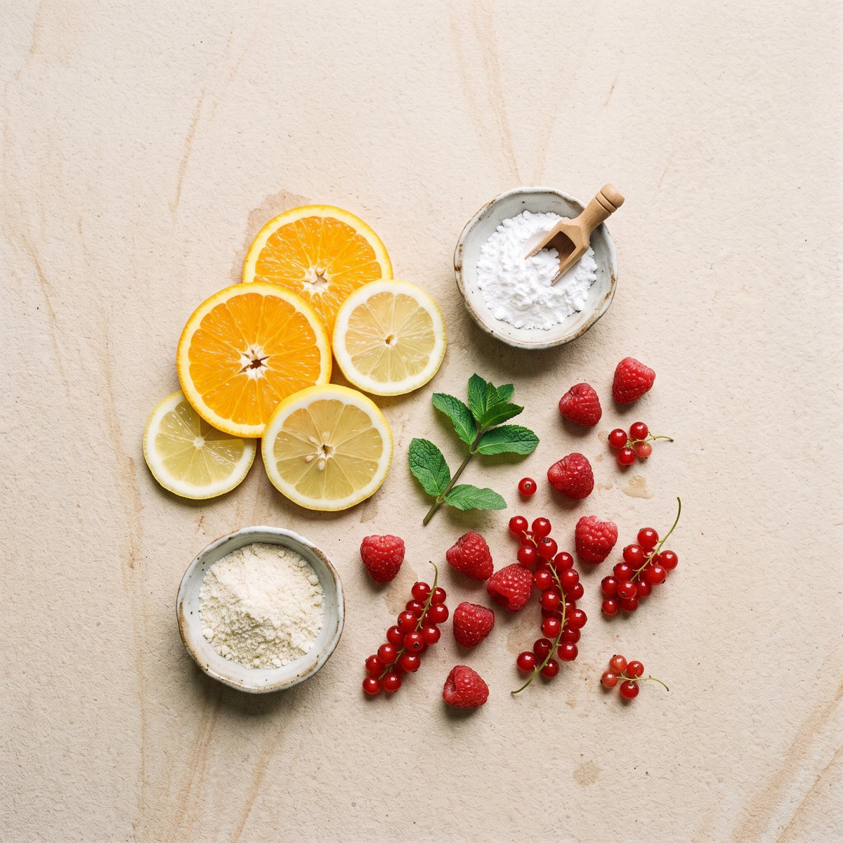 Supplyn ingredients flat-lay: citrus slices, red berries, mint and powder dishes